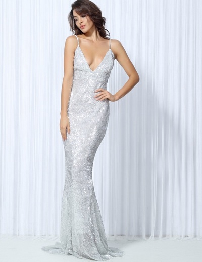 Silver Sequin Evening Gown