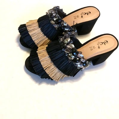 Legendre custom fringe block heel slides