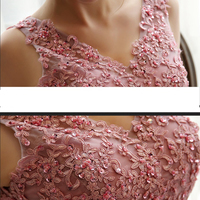 A-line V-neck prom dresses,Pink Floor-length Tulle Evening Dress Prom Dresses SKY297 - Thumbnail 1