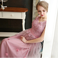 A-line V-neck prom dresses,Pink Floor-length Tulle Evening Dress Prom Dresses SKY297 - Thumbnail 2