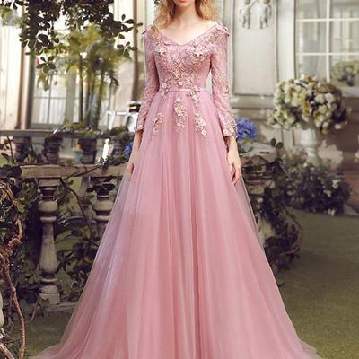 Prom dresses 2017,pink a-line v-neck floor-length chiffon prom dresses evening dresses sky432