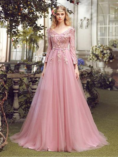 prom dresses 2017,Pink A-line V-neck Floor-length Chiffon Prom Dresses Evening Dresses SKY432