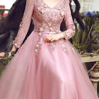 prom dresses 2017,Pink A-line V-neck Floor-length Chiffon Prom Dresses Evening Dresses SKY432 - Thumbnail 1