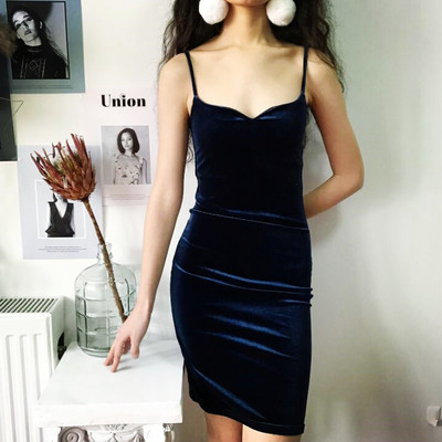 Sexy navy blue velvet bodycon cami dress