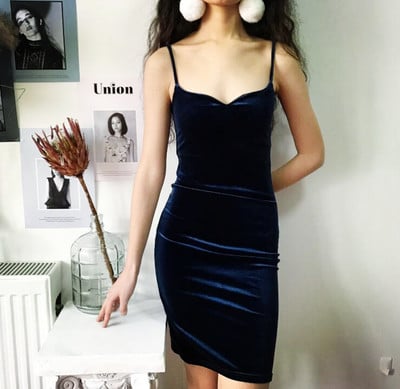 Sexy Navy Blue Velvet Bodycon Cami Dress
