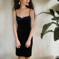 Sexy Navy Blue Velvet Bodycon Cami Dress - Thumbnail 1