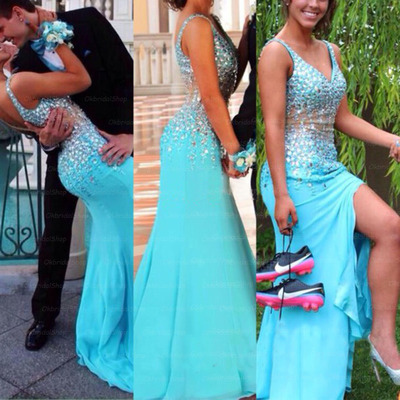 V-neck mermaid chiffon prom dresses crystals floor length women party dresses - Thumbnail 3