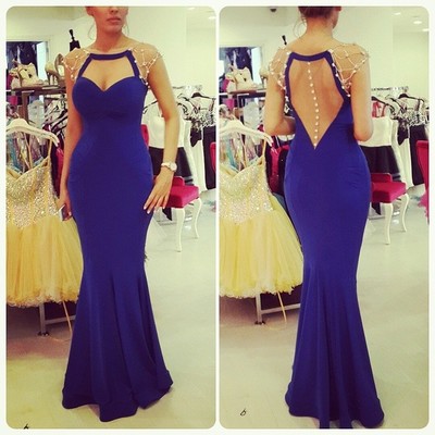 Scoop Neck Mermaid Chiffon Prom Dresses Crystals Floor Length Women Dresses