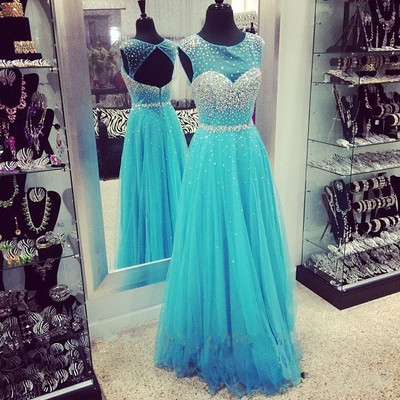 Scoop neck a-line tulle prom dresses crystals floor length women party dresses - Thumbnail 3