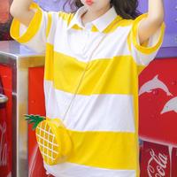Yellow White Stripe Collar Oversize T-shirt Dress - Thumbnail 1