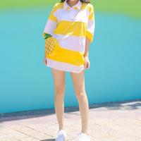 Yellow White Stripe Collar Oversize T-shirt Dress - Thumbnail 2