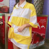 Yellow White Stripe Collar Oversize T-shirt Dress - Thumbnail 3