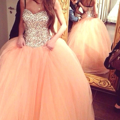 Sweetheart neck ball gown tulle prom dresses crystals floor length women party dresses - Thumbnail 4