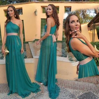 One shoulder prom dresses floor length pleat women party dresses - Thumbnail 4