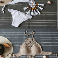 Bohemian Hollow Crochet Tassels Halter Knit Bikini Swimsuit for Women Two-piece Swimwear - Thumbnail 2