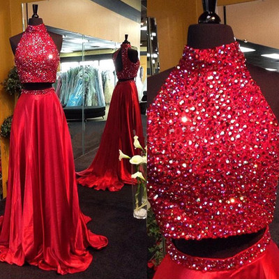 Halter neck long red chiffon prom dresses two pieces crystals women dresses - Thumbnail 3