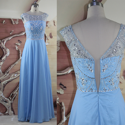 Scoop neck long chiffon prom dresses crystals floor length women dresses - Thumbnail 2