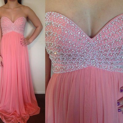 Sweetheart neck long chiffon prom dresses crystals floor length women dresses - Thumbnail 3