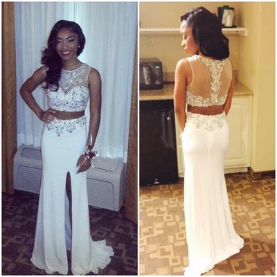 Two pieces white chiffon prom dresses scoop neck crystals women dresses - Thumbnail 3
