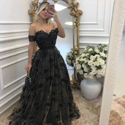 Black strapless a-line lace long prom dress,black lace evening dress