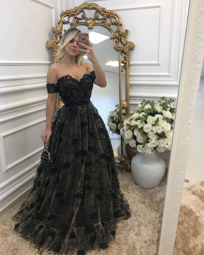 Black strapless A-line lace long prom dress,black lace evening dress