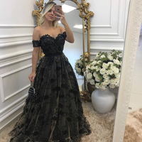 Black strapless A-line lace long prom dress,black lace evening dress - Thumbnail 1