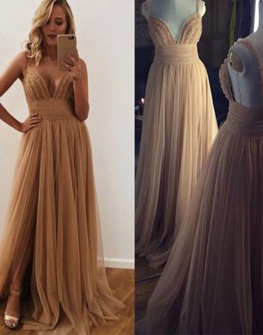 Spaghetti Straps Tulle Dark Champagne Long Prom Dress with Split Side