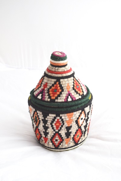 Berber Basket Handwoven Vintage Moroccan Wool Lidded Basket