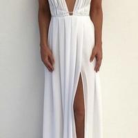 Floor Length White Chiffon Deep V Neck Side Slit Long PromDress, Prom Dress, Party Dresses - Thumbnail 4