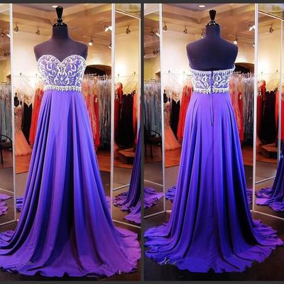 Sweetheart neck purple chiffon prom dresses crystals floor length women dresses - Thumbnail 3