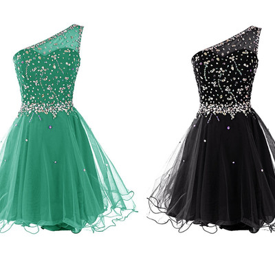 One shoulder short tulle prom dresses crystals women party dresses