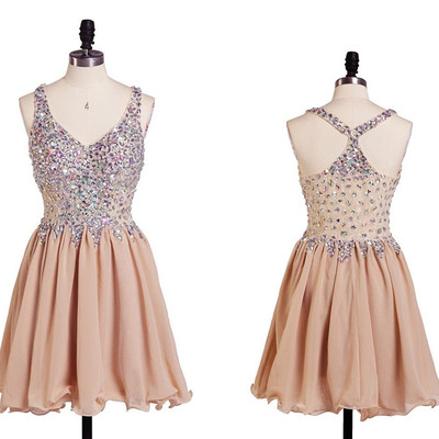 V-neck short chiffon prom dresses crystals women party dresses