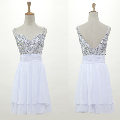 Spaghetti straps a-line short chiffon prom dresses crystals women party dresses - Thumbnail 2