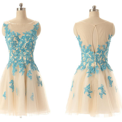 Scoop neck short tulle prom dresses lace appliques women dresses