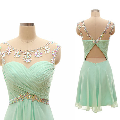 Scoop neck short chiffon prom dresses crystals women party dresses - Thumbnail 3