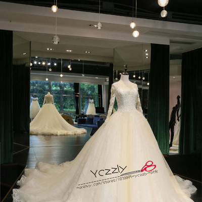 Real vintage arabic long sleeves lace wedding dress long ball gown princess appliques crystal wedding gowns rw175