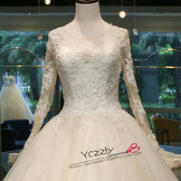 Real Vintage Arabic Long Sleeves Lace Wedding Dress Long Ball Gown Princess Appliques Crystal Wedding Gowns RW175 - Thumbnail 4