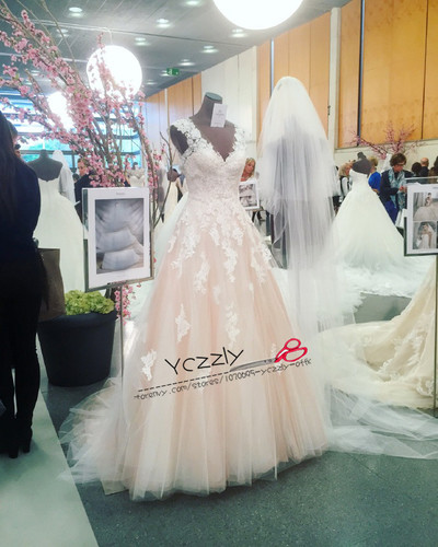 Simple A-line V-neck Lace Appliques Long Wedding Gowns Pink Wedding Dresses Plus Size RW176