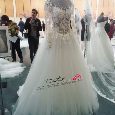 Sexy see through ball gown long sleeves lace appliques crystal wedding dress 2017 formal court train bridal gowns rw177