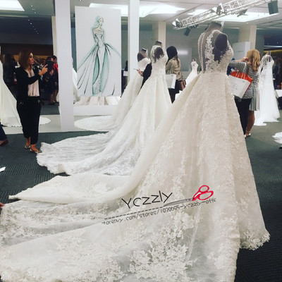 Luxury dubai straight lace wedding dress with detachable train long appliques beaded formal church bridal gowns rw179