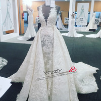 Luxury Dubai Straight Lace Wedding Dress With Detachable Train Long Appliques Beaded Formal Church Bridal Gowns RW179 - Thumbnail 1
