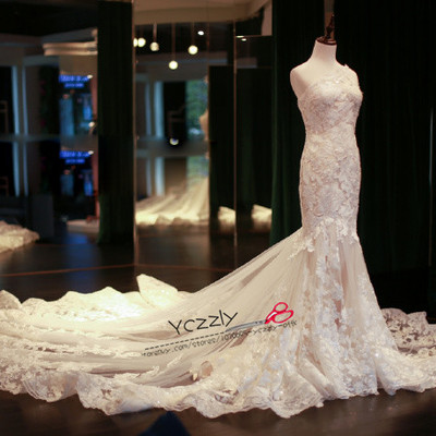 Sexy one-shoulder mermaid wedding dresses long plus size lace appliques crystal bridal gowns rw184