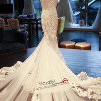 Sexy One-shoulder Mermaid Wedding Dresses Long Plus Size Lace Appliques Crystal Bridal Gowns RW184 - Thumbnail 2