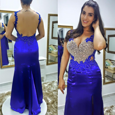 Hollow back mermaid satin prom dresses crystals floor length women dresses