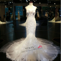 Sexy Backless Mermaid Wedding Dresses White Long Lace Appliques Beaded Tiered Wedding Dress Online Shop China RW185 - Thumbnail 4