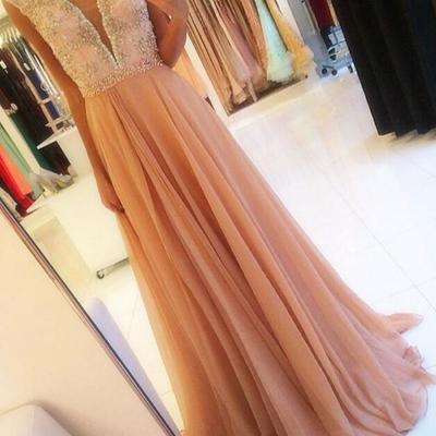 Deep v-neck chiffon prom dresses crystals beaded women dresses