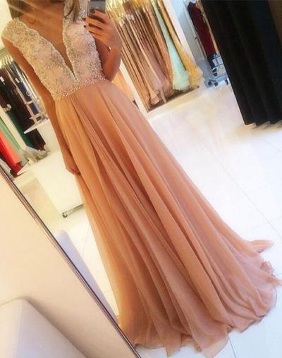 Deep V-neck Chiffon Prom Dresses Crystals beaded Women Dresses