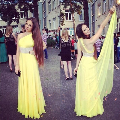 One shoulder yellow chiffon prom dresses crystals women party dresses
