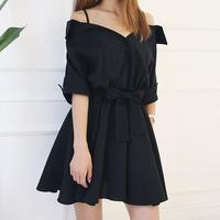 Black Off-the-shoulder Flare Dress - Thumbnail 1