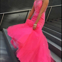 Halter Neck Mermaid Tulle Prom Dresses Crystals Floor Length Women Dresses - Thumbnail 1